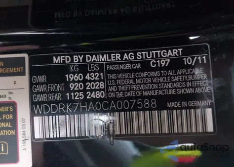 2012 Mercedes-Benz Sls Amg z USA, uszkodzony, nr VIN WDDRK7HA0CA007588